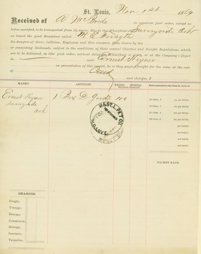 Polizza di carico, piroscafo M[ary] E. Forsyth, Sunnyside, Arkansas, 1 novembre 1864 da Unbekannt