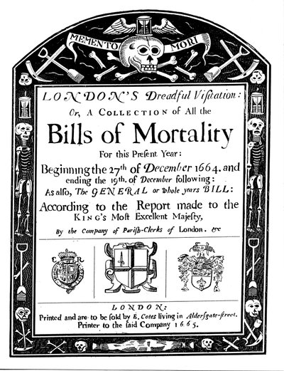 Bollettino di mortalità per Londra, coprendo parte del periodo della Grande Peste, 1664-1665 da Unbekannt