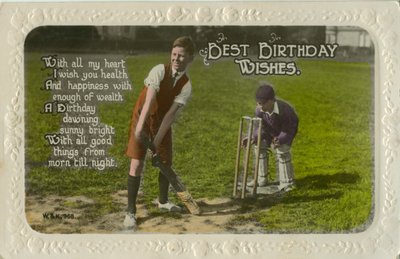 Biglietto di auguri con due ragazzi che giocano a cricket da Unbekannt