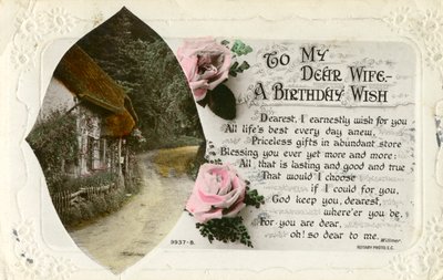 Cartolina di compleanno da un marito alla moglie, c1918 da Unbekannt