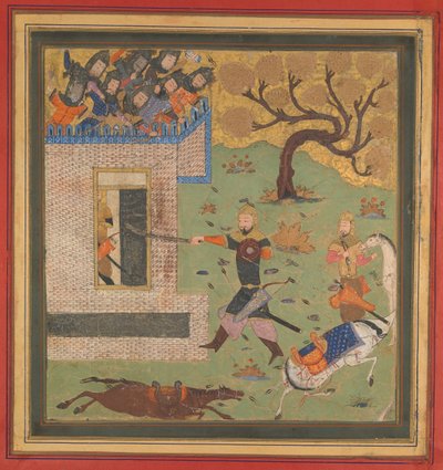 Bizhan costringe Farud a ritirarsi nel suo forte, foglio da un Shahnama Libro dei Re da Unbekannt