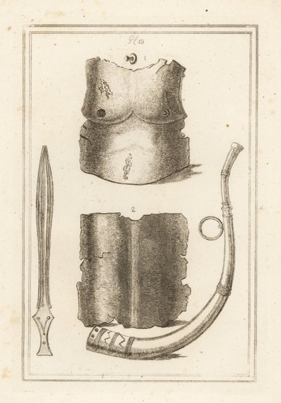 Pettorale e schienale di antica corazza romana 1,2, lituo romano o tromba militare 3 e antica spada di ottone 4 da Unbekannt