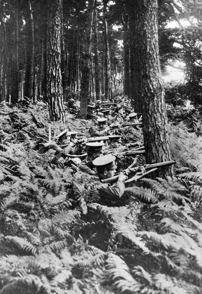 Fanteria britannica in un bosco, Prima Guerra Mondiale, 1914-1918, c1920 da Unbekannt