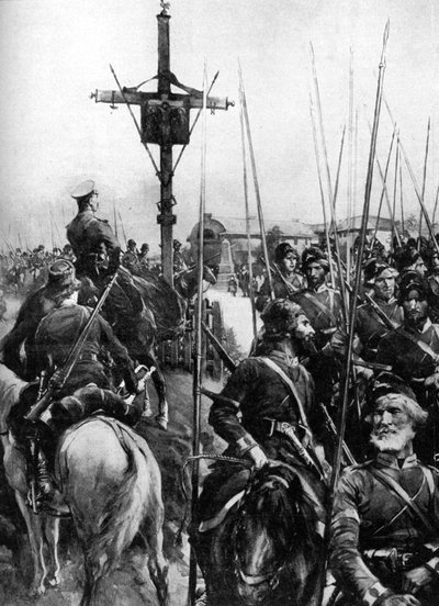 Truppe britanniche che attraversano un villaggio galiziano, Spagna, Prima Guerra Mondiale, 1914 da Unbekannt
