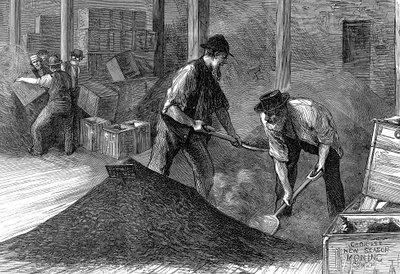 Imballaggio del tè nei magazzini della East & West India Dock Company, Londra, 1874 da Unbekannt