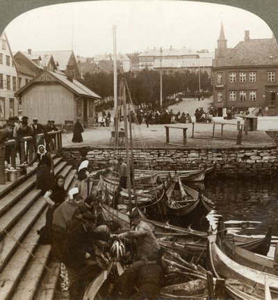Acquisto di pesce in un affollato porto commerciale artico, Tromsoe 69° 38 N. Lat., Norvegia settentrionale, 1902 da Unbekannt
