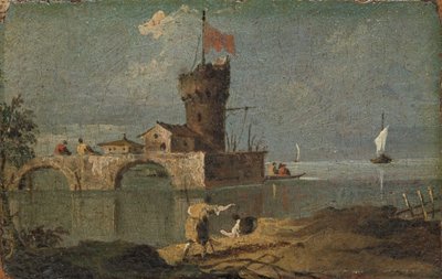 Capriccio con una torre circolare, due case e un ponte, XVIII secolo da Unbekannt
