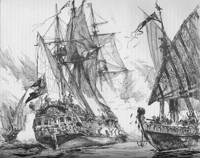 Capitano Keigwin nella Revenge, respingendo la flotta di Sevagees, 1884 da Unbekannt