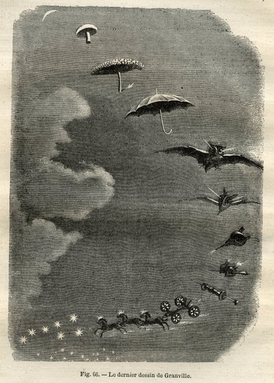 Metamorfosi celeste: Il sogno di una giovane ragazza che contempla la luna, che si trasforma in un fungo, ombrello, pipistrello... e infine in un carro dell