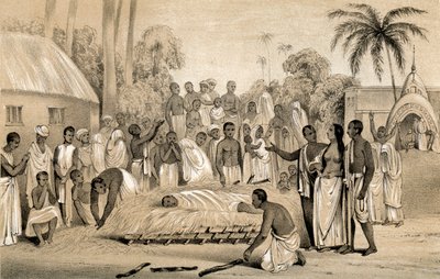 Cerimonia di cremazione di una vedova indù con il corpo del suo defunto marito, 1847 da Unbekannt