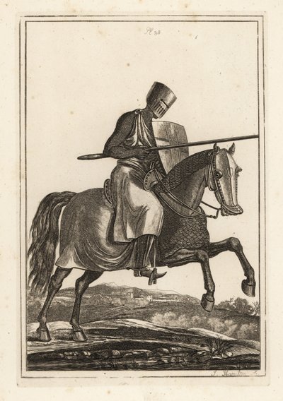 Cavaliere in carica del XII e XIII secolo in cotta di maglia, elmo piatto, lancia, scudo riscaldatore, armatura per le gambe, sella da guerra da Unbekannt