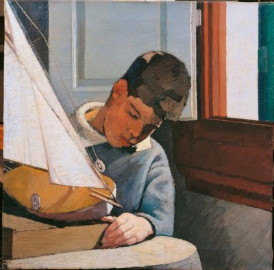 Bambino, giovane figlio del pittore seduto a un tavolo che gioca con una barca, sintesi classica, equilibrio cromatico, pennellate piene di luce da Unbekannt