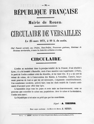 Circulaire de Versailles, dai manifesti politici francesi della Comune di Parigi, maggio 1871 da Unbekannt