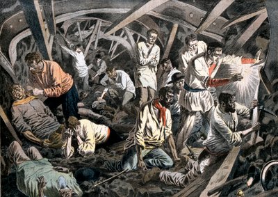 Minatori intrappolati sottoterra da una caduta del tetto, miniere di Courrieres, Pas-de-Calais, Francia, 1906 da Unbekannt