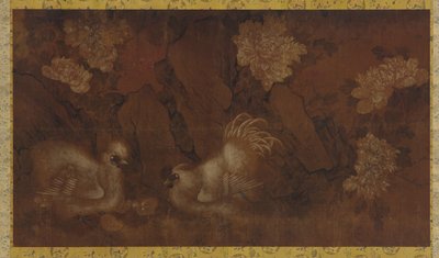 Gallo, gallina e pulcini vicino a cespugli di peonia, Dinastia Qing, XVIII secolo da Unbekannt
