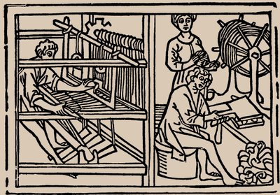 Pettinatura, filatura e tessitura della lana. Da Speculum Vitae Humanae di Rodericus Zamorensis, 1479 da Unbekannt
