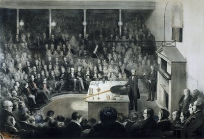 Conferenza del fisico Michael Faraday (1791-1867) davanti alla Royal Institution di Londra il 27 dicembre 1855 alla presenza del Principe Alberto di Sassonia-Coburgo-Gotha da Unbekannt