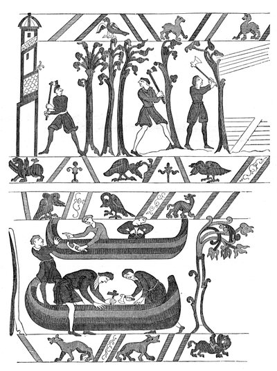 Costruzione delle barche per Guglielmo I, Arazzo di Bayeux, c1070s, 1870 da Unbekannt