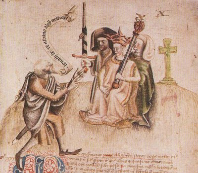 Incoronazione di Re Alessandro III a Moot Hill, Scone. Dal manoscritto dello Scotichronicon di Walte da Unbekannt