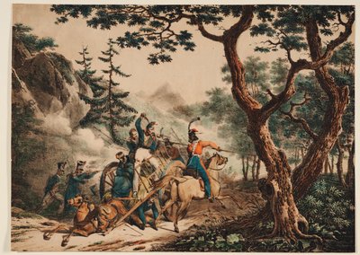 Cosacchi che attaccano soldati francesi in una foresta, 1825 da Unbekannt