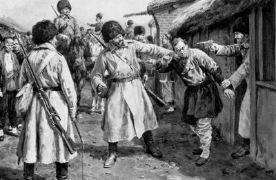 Cosacchi alla ricerca di spie giapponesi in un villaggio della Manciuria, Guerra russo-giapponese, 1904-5 da Unbekannt
