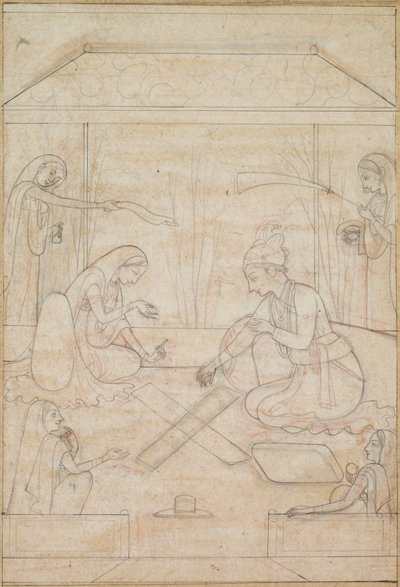 Coppia che gioca a Chaupar su una terrazza, c. 1790-1800 da Unbekannt