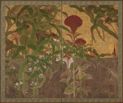 Cresta di gallo, mais e glorie del mattino, periodo Momoyama, XVII secolo da Unbekannt