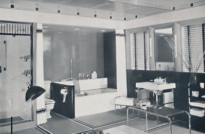 Crane Co. - Uno schema nero, bianco, rosso e grigio con un pavimento in piastrelle di ceramica non smaltata, bianco ostrica da Unbekannt