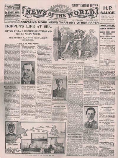 La vita di Crippen in mare, prima pagina del News of the World, 31 luglio 1910 da Unbekannt