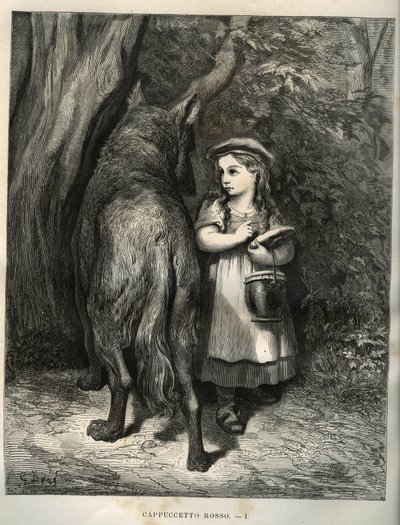 Attraversando il bosco, Cappuccetto Rosso incontra il lupo. Incisione di Gustave Dore (1832-1883) da 