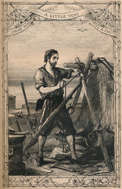 Crusoe fa una piccola tenda con una vela, c. 1870 da Unbekannt