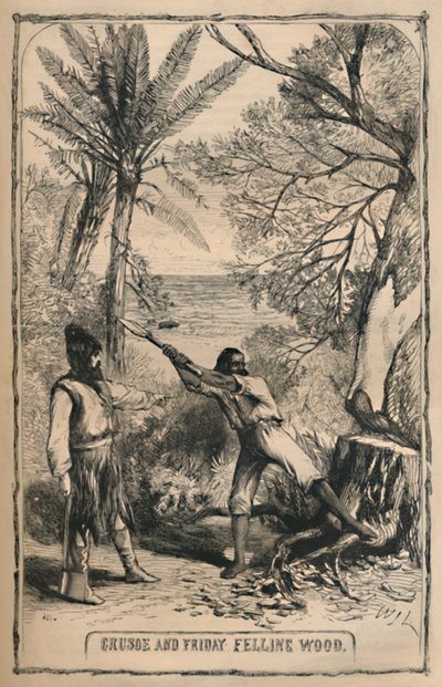 Crusoe e Venerdì che Tagliano Legna, c1870 da Unbekannt