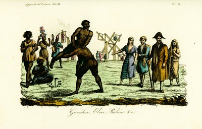 Danzatore chiamato Ulde Benaye, incantatore di serpenti, due uomini che eseguono la danza Busardia, due lottatori, donna ebrea, uomo ebreo, rabbino e prostituta velata da Unbekannt