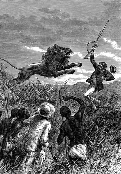 David Livingstone, missionario scozzese ed esploratore africano, attaccato da un leone, c1860 da Unbekannt