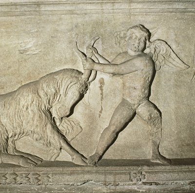 Dettaglio di un sarcofago greco da Lidia, raffigurante un putto che lotta con una capra (marmo) da Unbekannt
