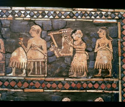 Dettaglio dello stendardo di Ur che mostra un arpista sumero e un sovrano, circa 2600-2400 a.C. da Unbekannt