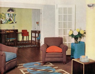 Sala da pranzo e salotto in un appartamento ricostruito a Londra per Mrs. Harry Ewbank a Bryanston Court da Unbekannt