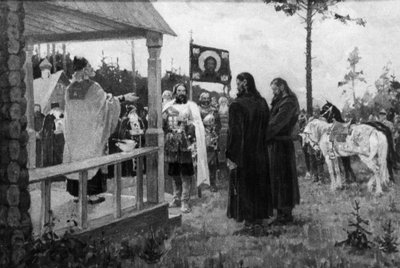 Dmitri Donskoi che chiama Sergei Radonezhsky, dipinto di M. Avilov da Unbekannt