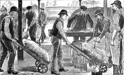 Scaricatori che Scaricano Zucchero ai West India Docks, Londra da Unbekannt