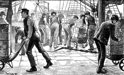Scaricatori che scaricano tè nei Docks di Londra, 1889 da Unbekannt