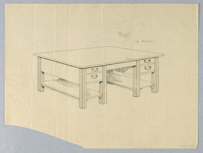 Disegno, Progetto per un Tavolo da Biblioteca Massiccio con Gambe Scanellate Quadrate e Ripiani Aperto da Unbekannt