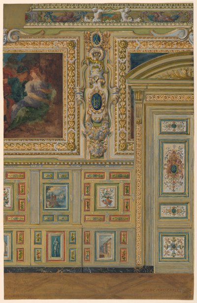 Sezione di un muro con gruppi di pannelli dipinti, Camera Ovale, Salone Luigi XIV, Palazzo di Fontainebleau, Francia da Unbekannt