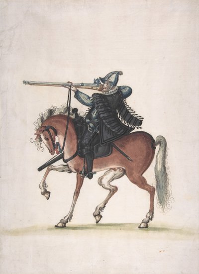 Disegno di un soldato archibugiere a cavallo, fine 16° secolo da Unbekannt