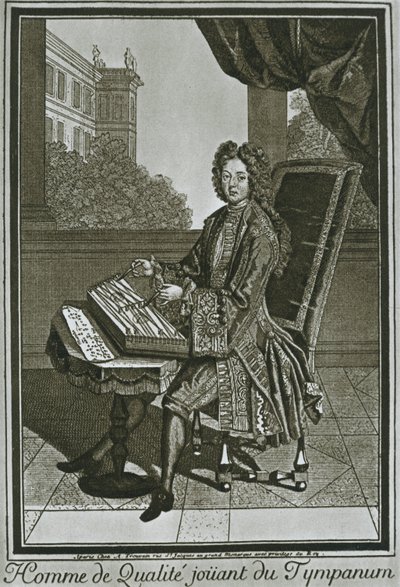 Timpano di dulcimer, incisione francese del XVII secolo, 1948 da Unbekannt