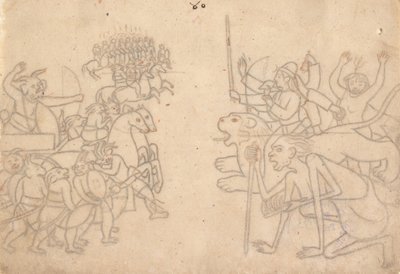 Durga e Kali si avvicinano agli eserciti riuniti di Chanda e Munda, dal Devi Mahatmya, c. 1780 da Unbekannt
