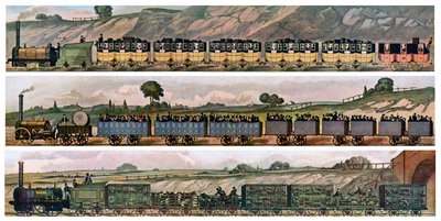 Prime carrozze ferroviarie, la Liverpool and Manchester Railway, Inghilterra, 1831, c1900-1920 da Unbekannt