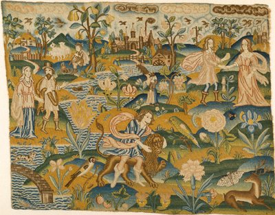Quadro ricamato: Uomo con un leone in un paesaggio con due coppie, seconda metà del XVII secolo da Unbekannt