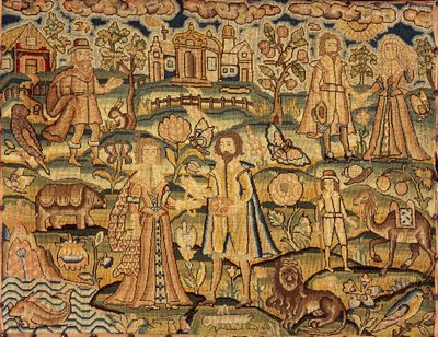 Pannello ricamato che mostra persone, fiori, insetti, pesci e animali, XVII secolo da Unbekannt