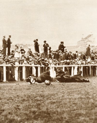 Emily Davison che si getta davanti al cavallo del re durante il Derby, Epsom, Surrey, 1913 da Unbekannt