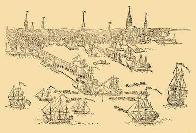 Navi da guerra inglesi a Boston dove ebbe luogo il Tea Party nel 1768 da Unbekannt